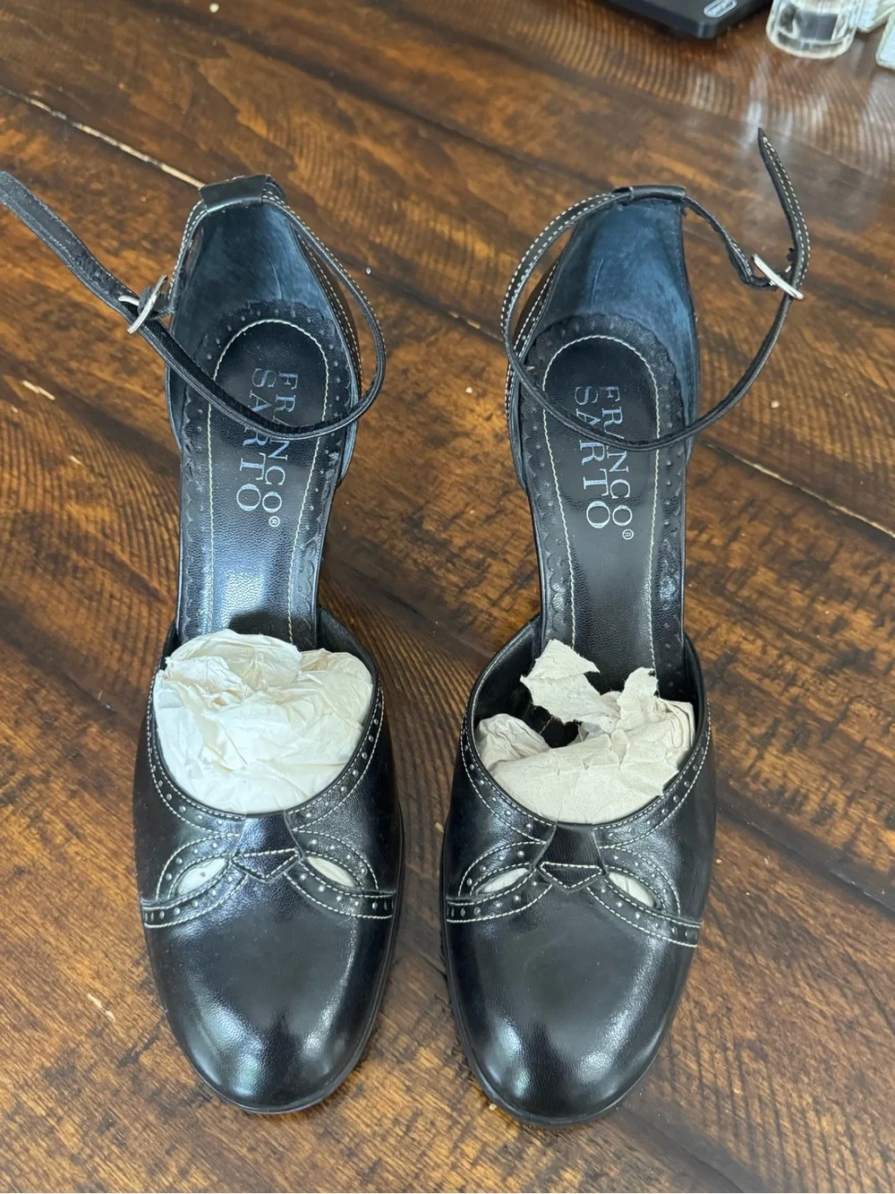 Franco Sarto Black Leather Ankle-Strap Pumps with Decorative Cutouts